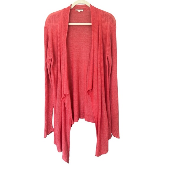 Eileen Fisher Vibrant Coral Linen Open Cardigan Lightweight Staple Layer Sz L - Picture 1 of 9